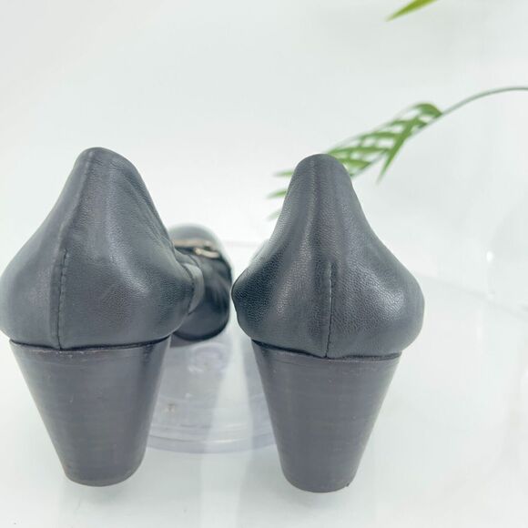 AGL Italy Women's Pump Size 39 9 Cap Toe Block Heel Chain Black Leather - Picture 6 of 14